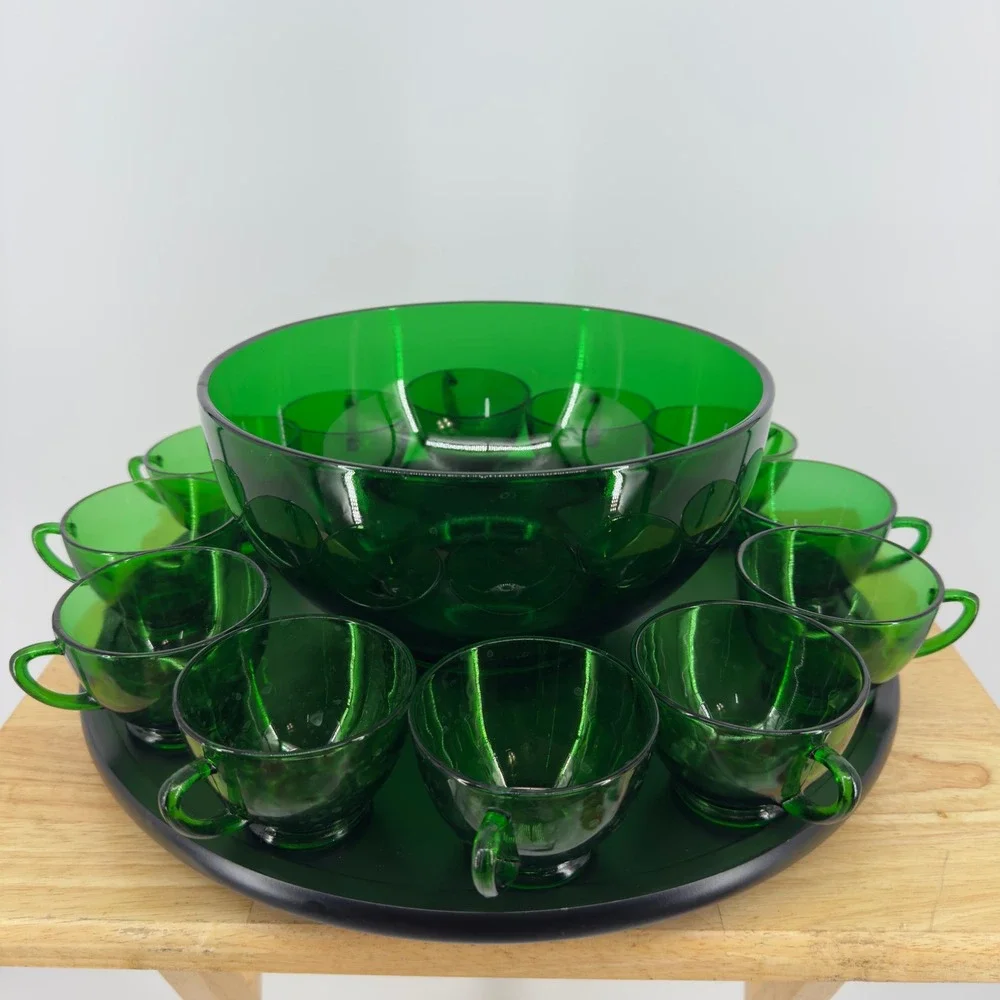 Vintage 60's MCM Anchor Hocking Emerald Green Glass Punch Bowl With 12 Cups Set